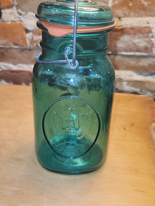 Vintage Ball Ideal Green Blue Teal Jar Bicentennial Eagle Wire Seal jar2
