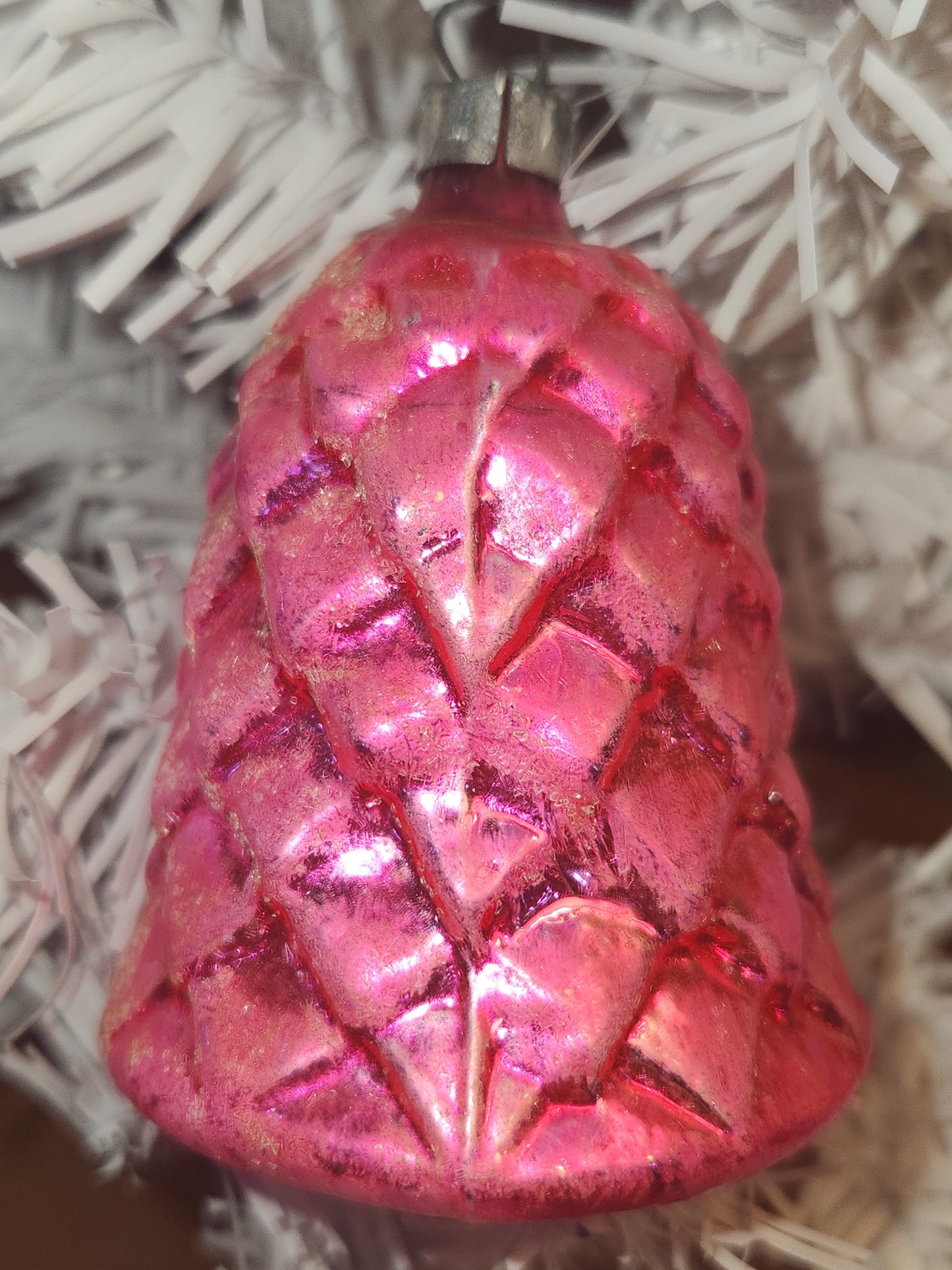 Vintage Antique Pinecone Hot Pink Bell Christmas Ornament Germany GLOWS vo2