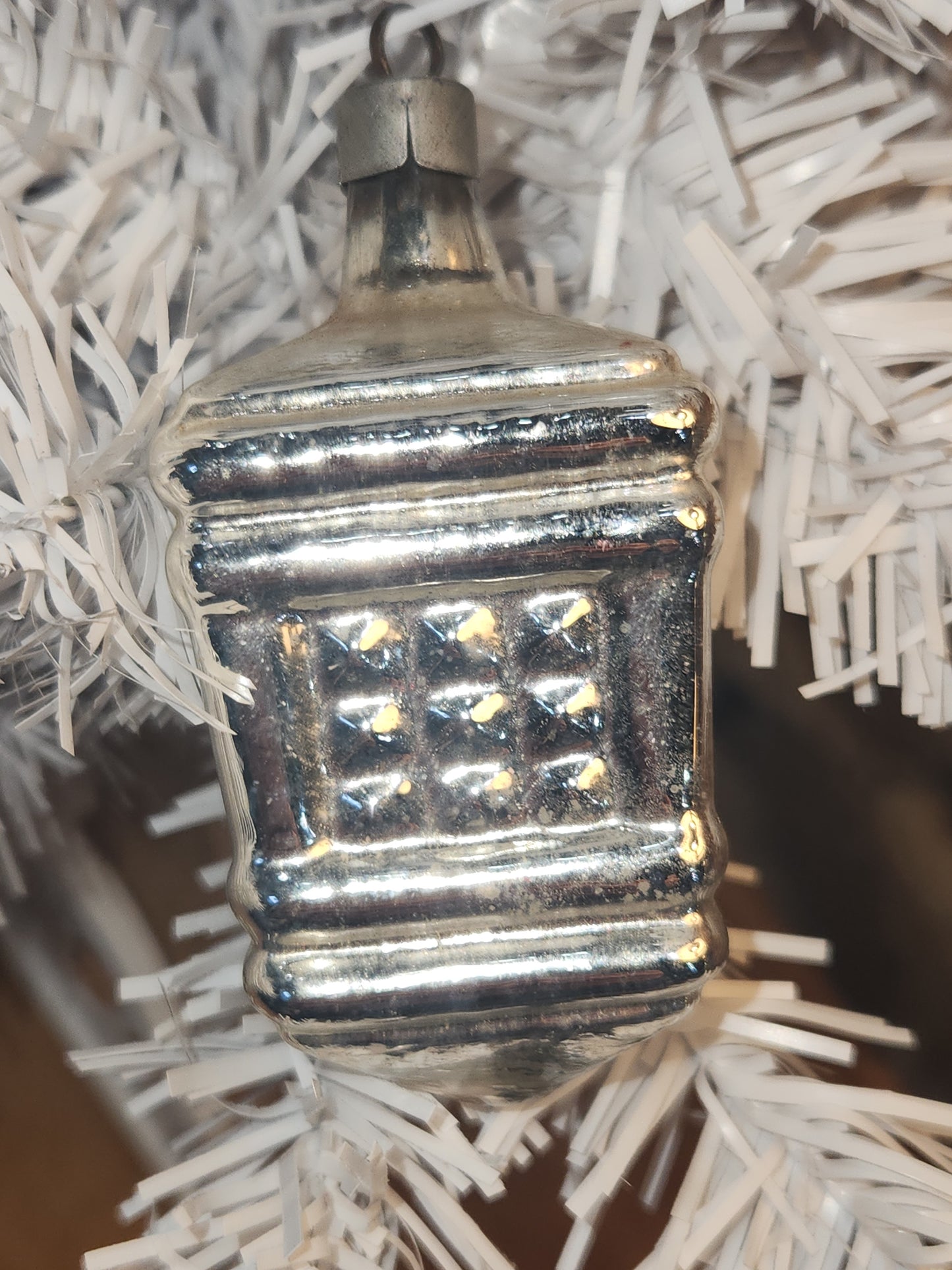 Vintage Mercury Glass Silver Lantern Christmas Ornament vo1