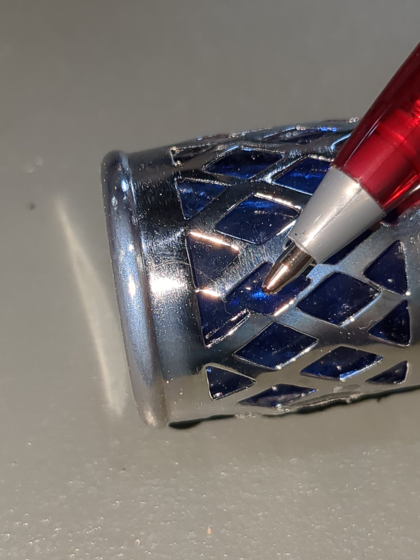 Silver and cobalt Blue glass and metal Lattice Salt and Pepper Shakers