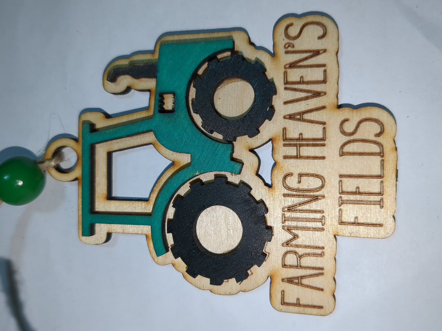 Ornament or car charm memorial green tractor "Farming Heaven's Fields"