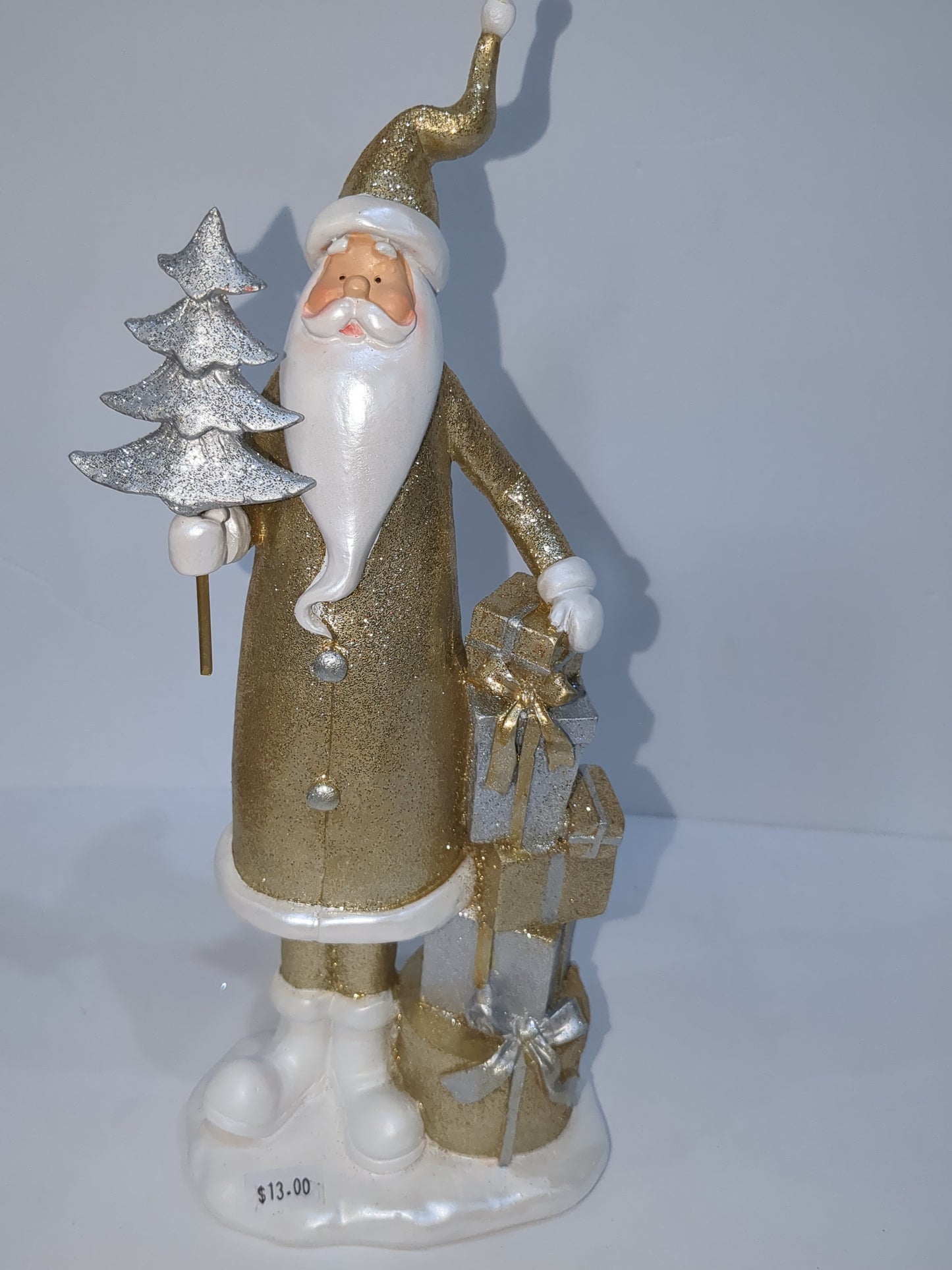 Sags glittery gold silver and white Santa