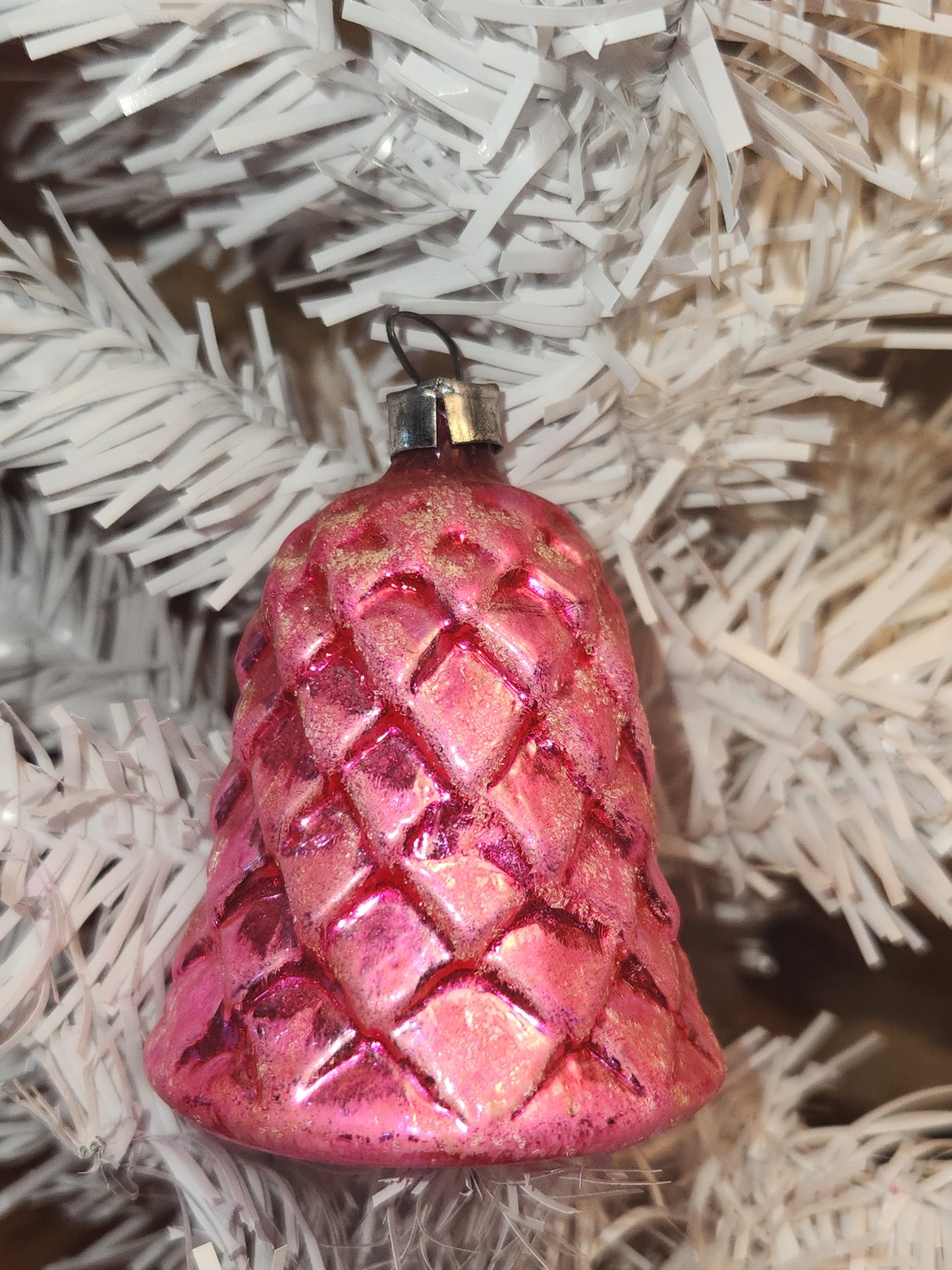 Vintage Antique Pinecone Hot Pink Bell Christmas Ornament Germany GLOWS vo2