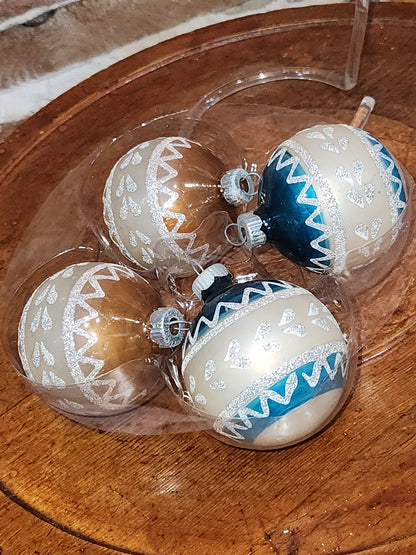 Vintage Shiny Brite Set of 4 Glass Ornaments with Same Design with Silver Stripes and Mica Accents. 2 Matching Gold and 2 Matching Blue sb6