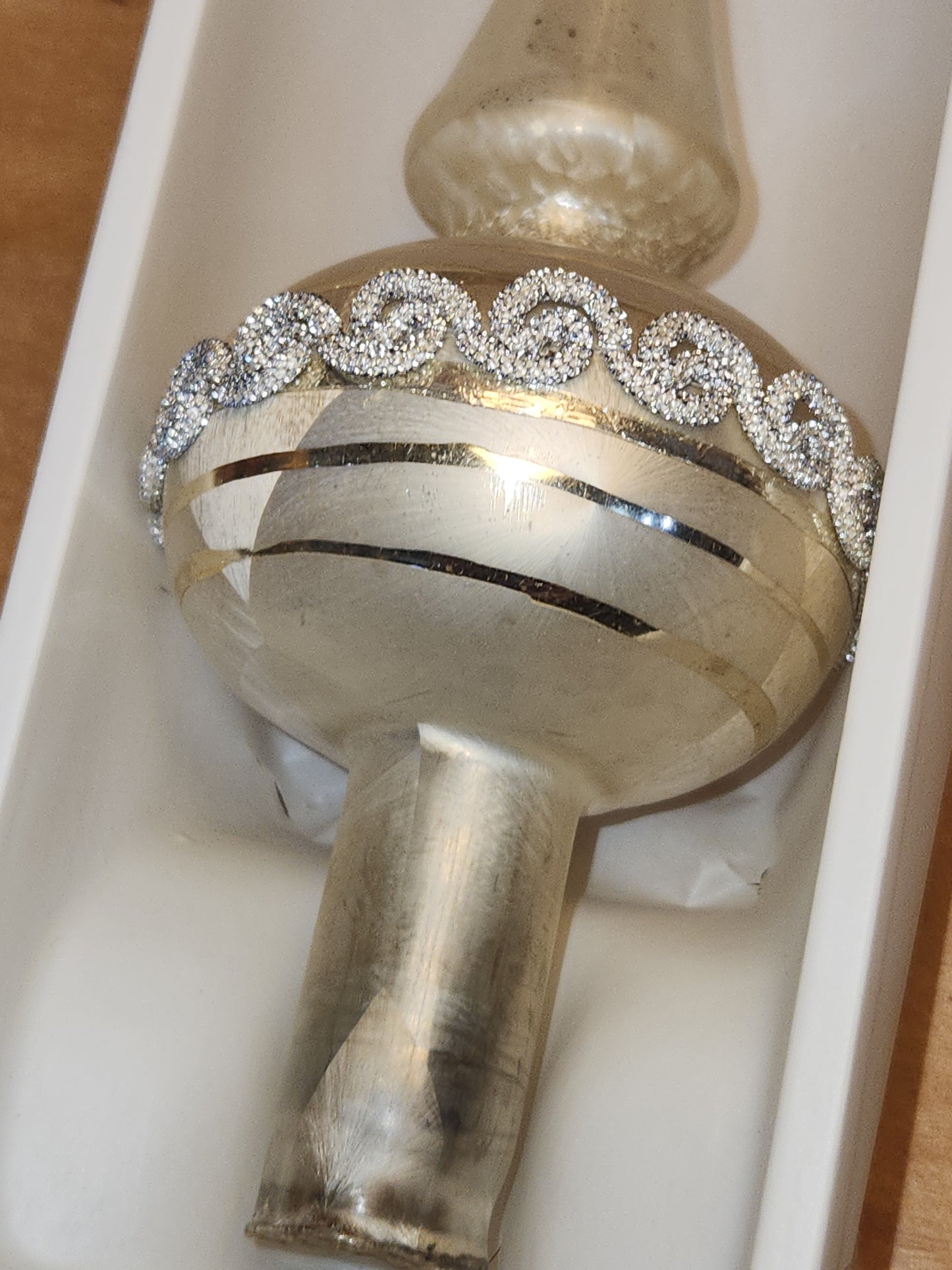 Vintage Rauch Hand Blown Mercury Glass Tree Topper White Gold Glass with Box Box tt11