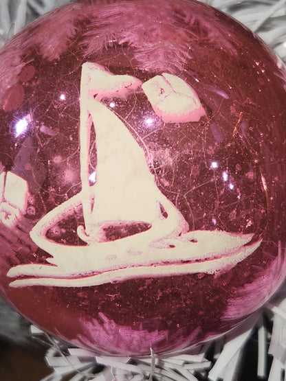 Vintage Shiny Brite Pink Christmas Ornament Stenciled Toy Bear Duck Toy Horse Clown Sailboat GLOWS vo26