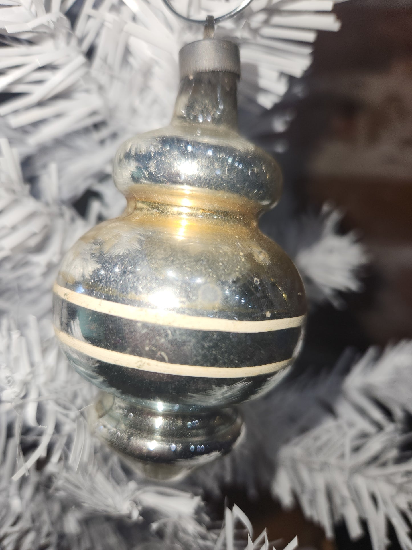 Vintage Premier Glass Christmas Ornament Lantern Silver Gold White vo8