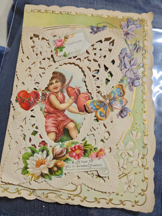 Antique Victorian Valentines Day card paper and lace