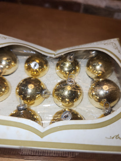Box of Shiny Brite gold ornaments .98" 1" 25mm box of 12 bO03 box as is