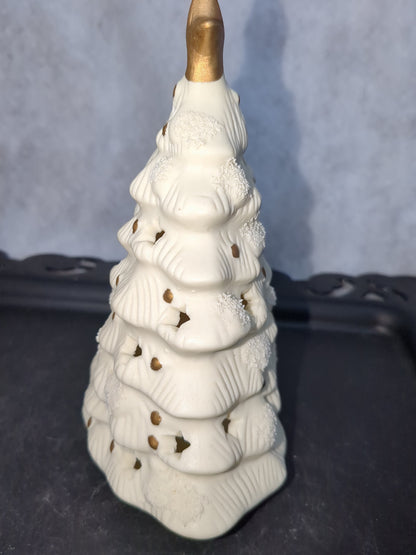 Vintage Matte Ceramic Christmas Tree Votive Holder-White Gold Star Candles