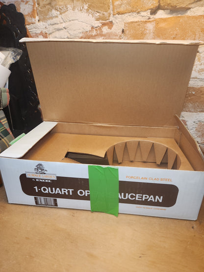 Summer Garden By Excel Vintage 1 Quart Cooking Open Enamelware Saucepan Box in as is condition. En05