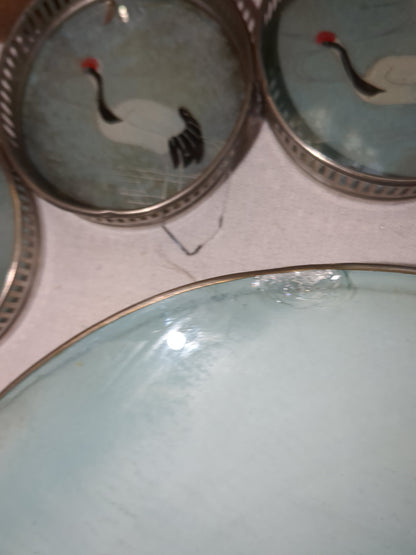 Vintage glass serving tray made in Japan with sandhill cranes on it includes five coasters