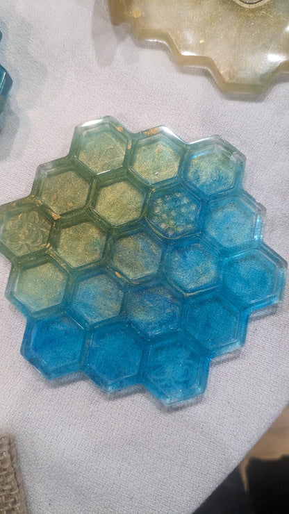 Coaster Set turquoise and gold honeycomb and Bee