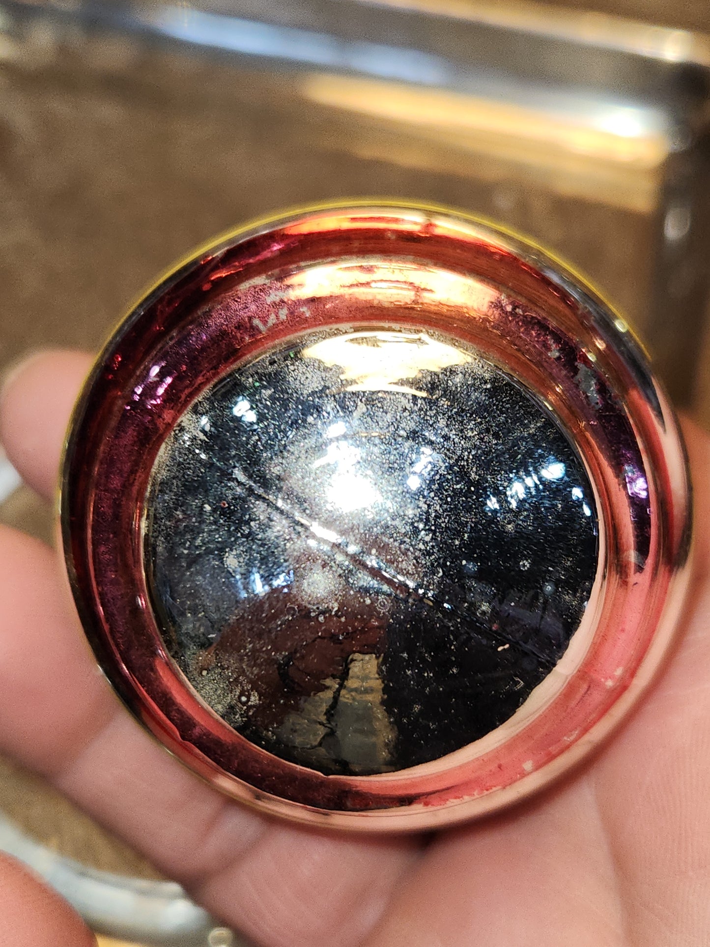 Vintage Glass Wine Keg or Satellite Flat-Bottom Ornament Blue, Yellow, Pink Likely Shiny Brite Made In USofA AS IS O3