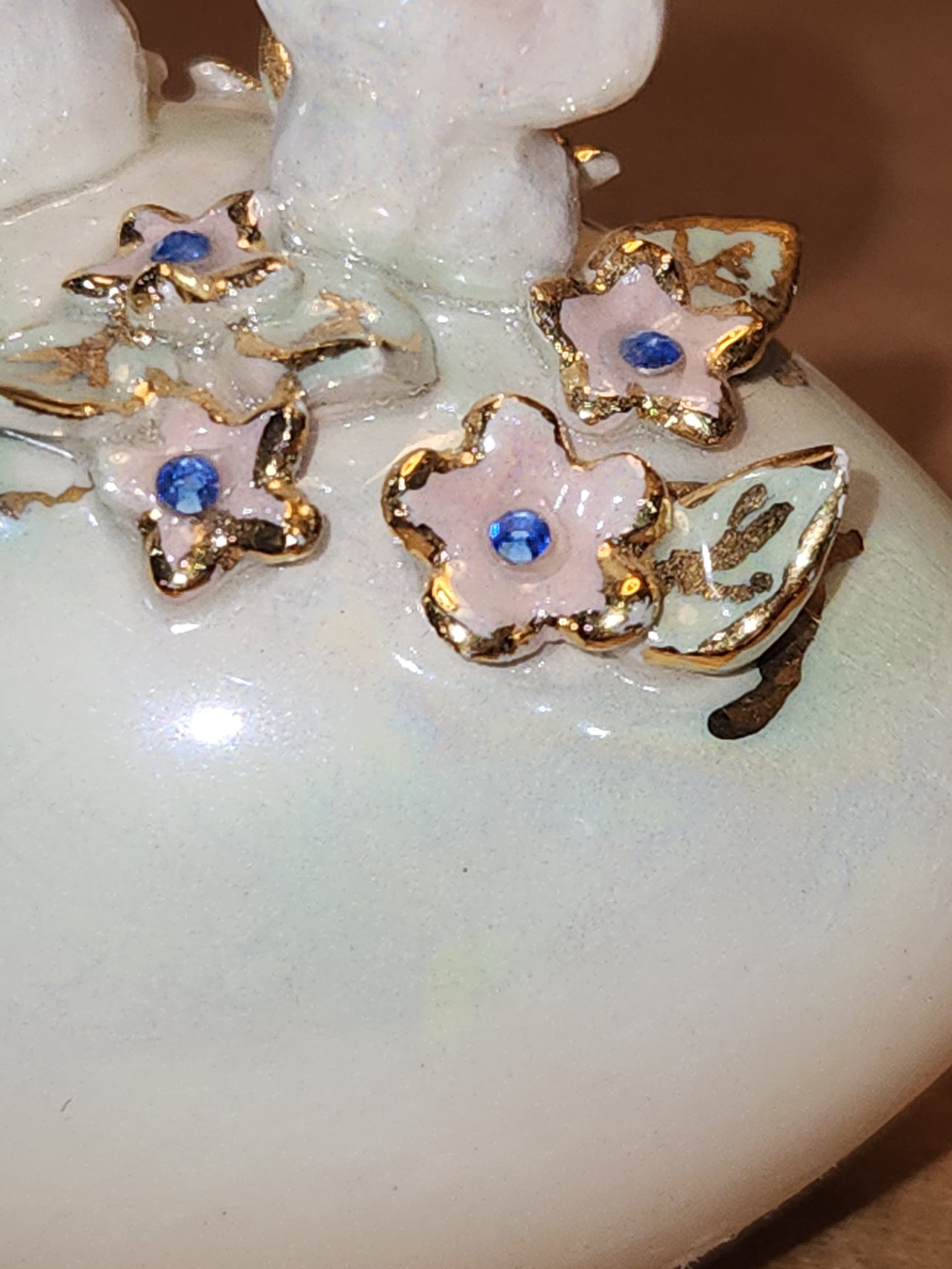 Vintage Porcelain Egg with 3D Bunnies, Flowers Leaves Eggs Gold Accents. Eg7