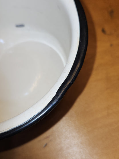 Vintage White Enamel Ladle Water Diooer with black handle and trim. En87