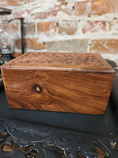 Vintage Hand Craved Wooden Box Lid Opening on Bottom Floral Design box45