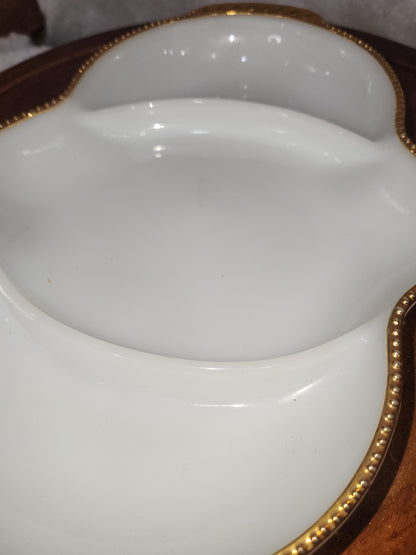Vintage Fire King Oven Ware Milk Glass tray with 3 sections and gold trim. Mg77