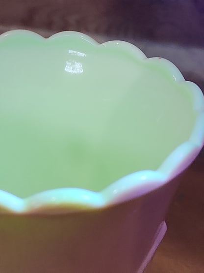 Vintage Vitrock Uranium Glass Vase Peach and White Scalloped Edges Beaded Handles Art Deco Vase GLOWS GREEN gl90