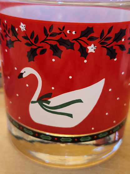 Vintage Hallmark Libbey Rocks Glass Christmas Swan 10 Ounce Tumblers Drinking Glasses Juice Glass 1990 gl033