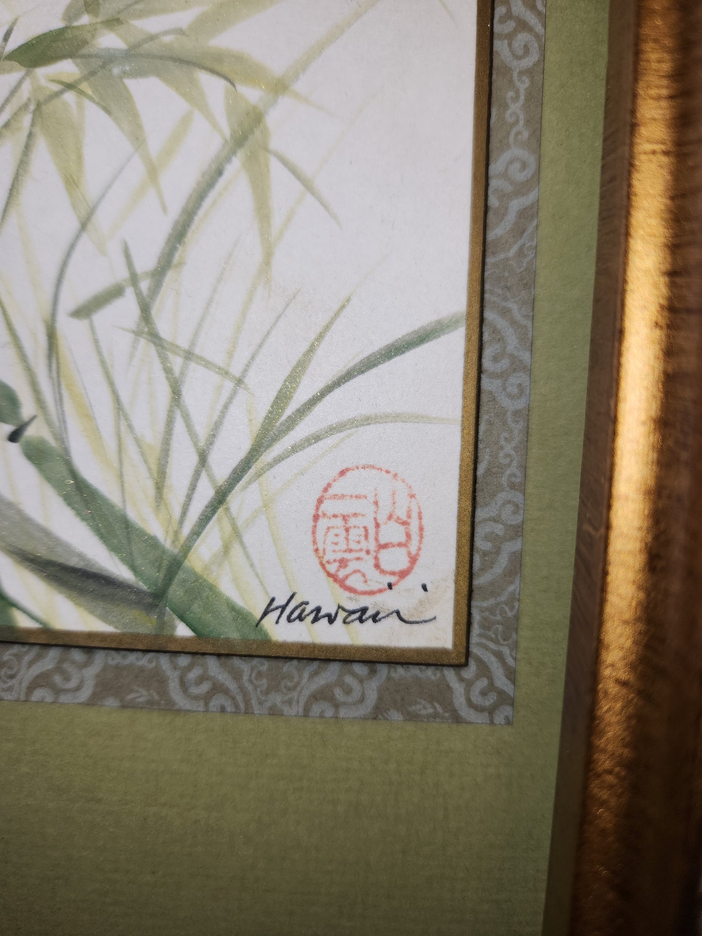 Vintage Peggy Pai Laughlin Framed Mixed Medium Painting B Hawaii Bamboo Dedicated by Artist 9 x 12 Frame