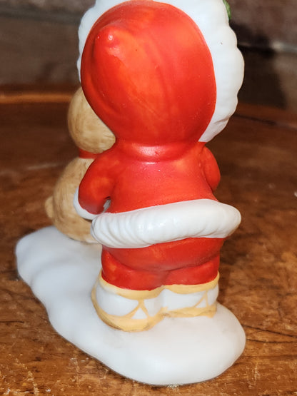 Vintage Lefton Christmas Figurines Girl Holding Gifts And Bear ch6