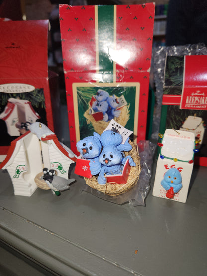 Three Vintage Hallmark Keepsake Ornaments 1986 Treetop Trio  1993 Peep Inside Birdhouse  1992 Egg Nog Nest