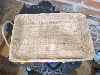3 Vintage Boho Nesting Raffia Wicker Straw Lined Casserole Baskets, Tray Set 1970s or 1980s