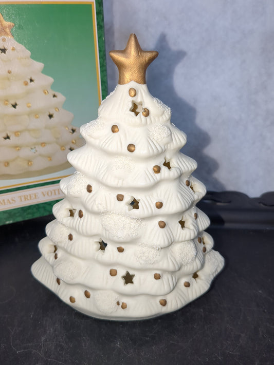 Vintage Matte Ceramic Christmas Tree Votive Holder-White Gold Star Candles