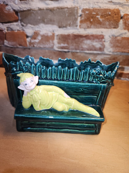 Vintage Gilner Pixie Elf on a Bench in front of a Planter elf5