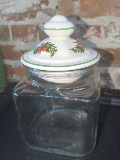 Pfaltzgraff Christmas Heritage Glass Storage Jar Square Canister with Lid USA pfa12