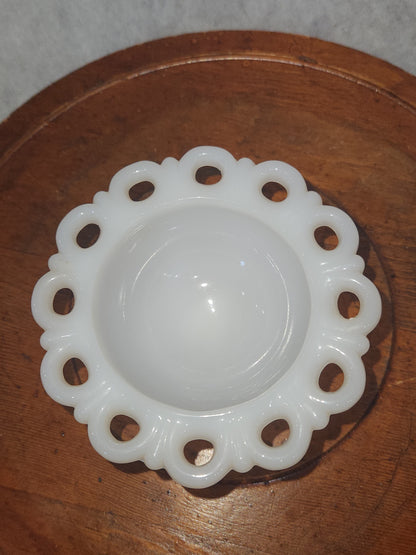 Assemblage Vintage Small Anchor Hocking Old Colony Lace Edge Milk Glass Pedestal Compote Candy pin cushion asm5