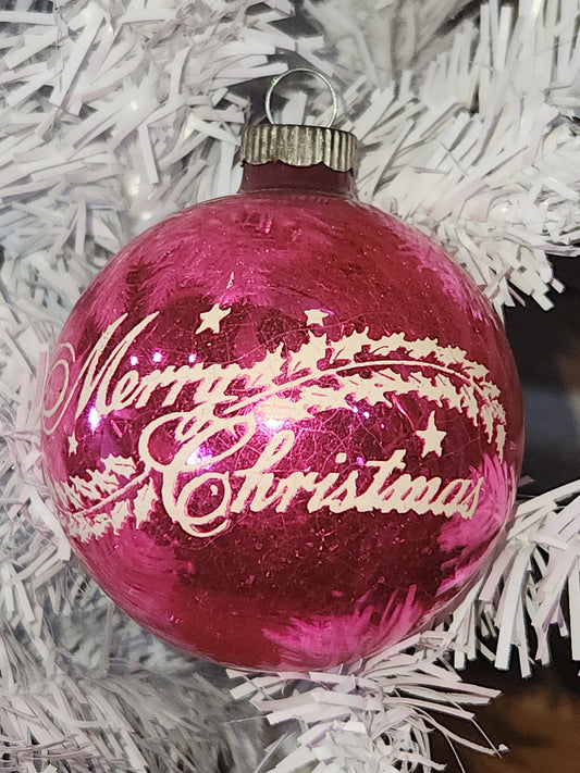 Vintage Shiny Brite Stenciled Merry Christmas Hot Pink Glass Ornament vo21