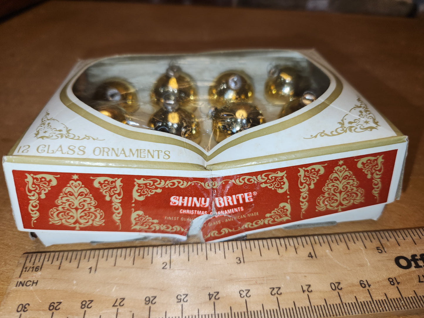 Box of Shiny Brite gold ornaments .98" 1" 25mm box of 12 bO03 box as is