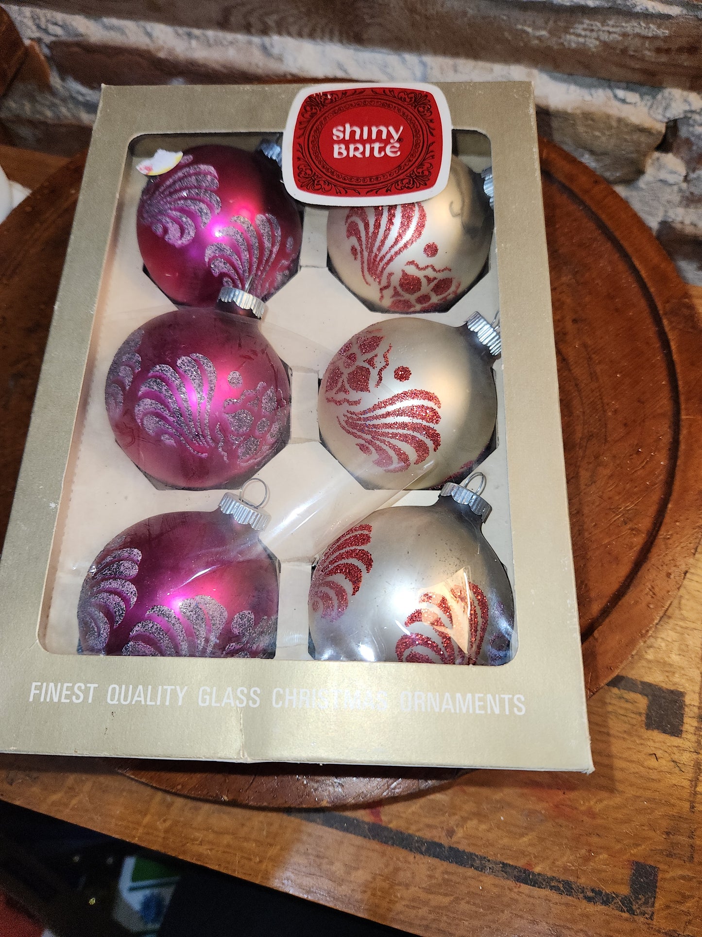 Vintage Shiny Brite Glass Ornaments with Mica Glitter In Box dated 1967 AS IS bo83