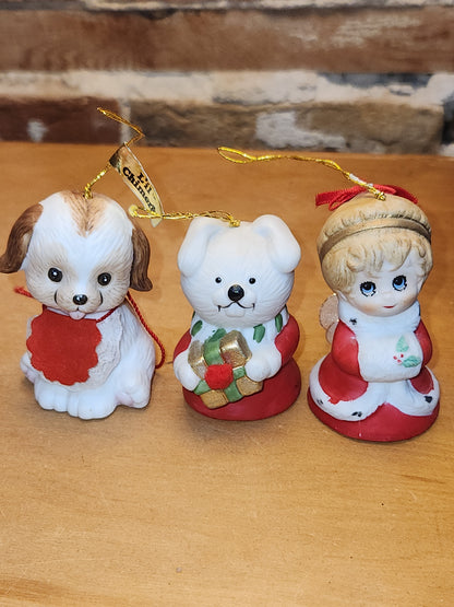 Vintage Jasco L'll Chimmers Ornament Bell Dogs and Angel set of 3