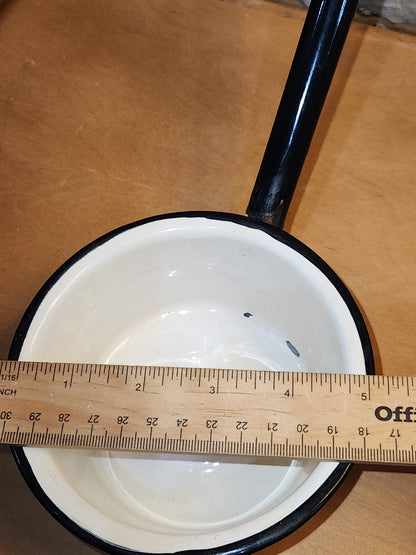 Vintage White Enamel Ladle Water Diooer with black handle and trim. En87