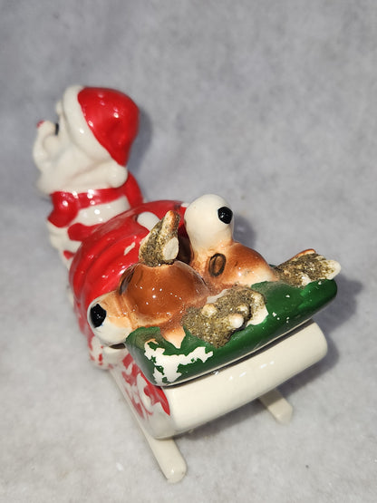 Vintage Kreiss Santa Pulling His Sleigh While his Reindeer are Snoozing inside Sleigh planter candy dish