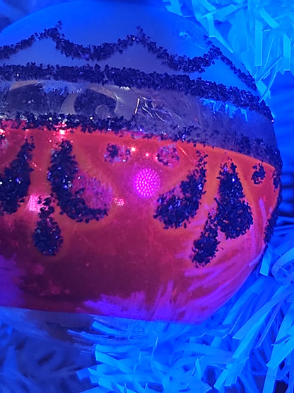 Vintage Mercury Glass Christmas Ornament Silver Pink and Black Mica Scroll GLOWS vo15