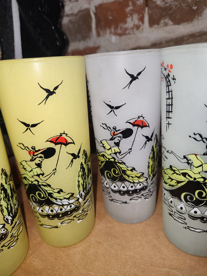 Vintage Libbey Southern Belle Pastel Frosted highball glasses. Set of 6.