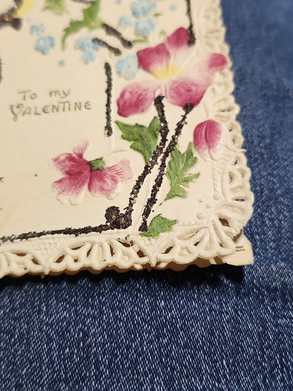 Antique Valentine Card Embossed, Mica, Flowers, To my Valentine