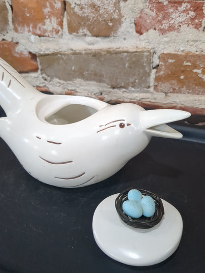 Mud Pie Bird Tea Pot with Robins Eggs And Nest
