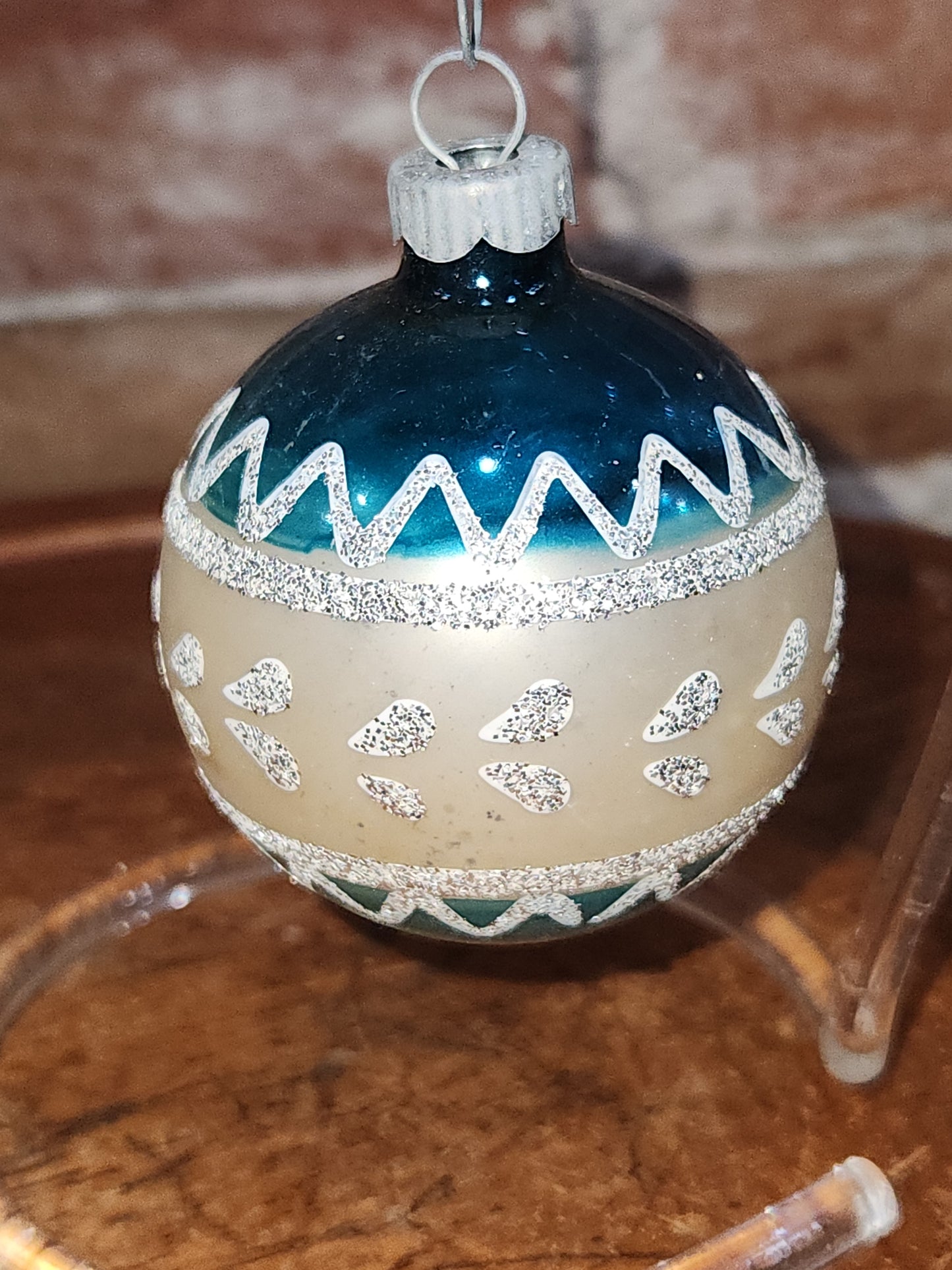 Vintage Shiny Brite Set of 4 Glass Ornaments with Same Design with Silver Stripes and Mica Accents. 2 Matching Gold and 2 Matching Blue sb6