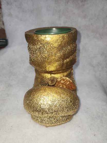 Vintage Gold Glittered paper mache Santa boot Velvet leaves pinecone chr609