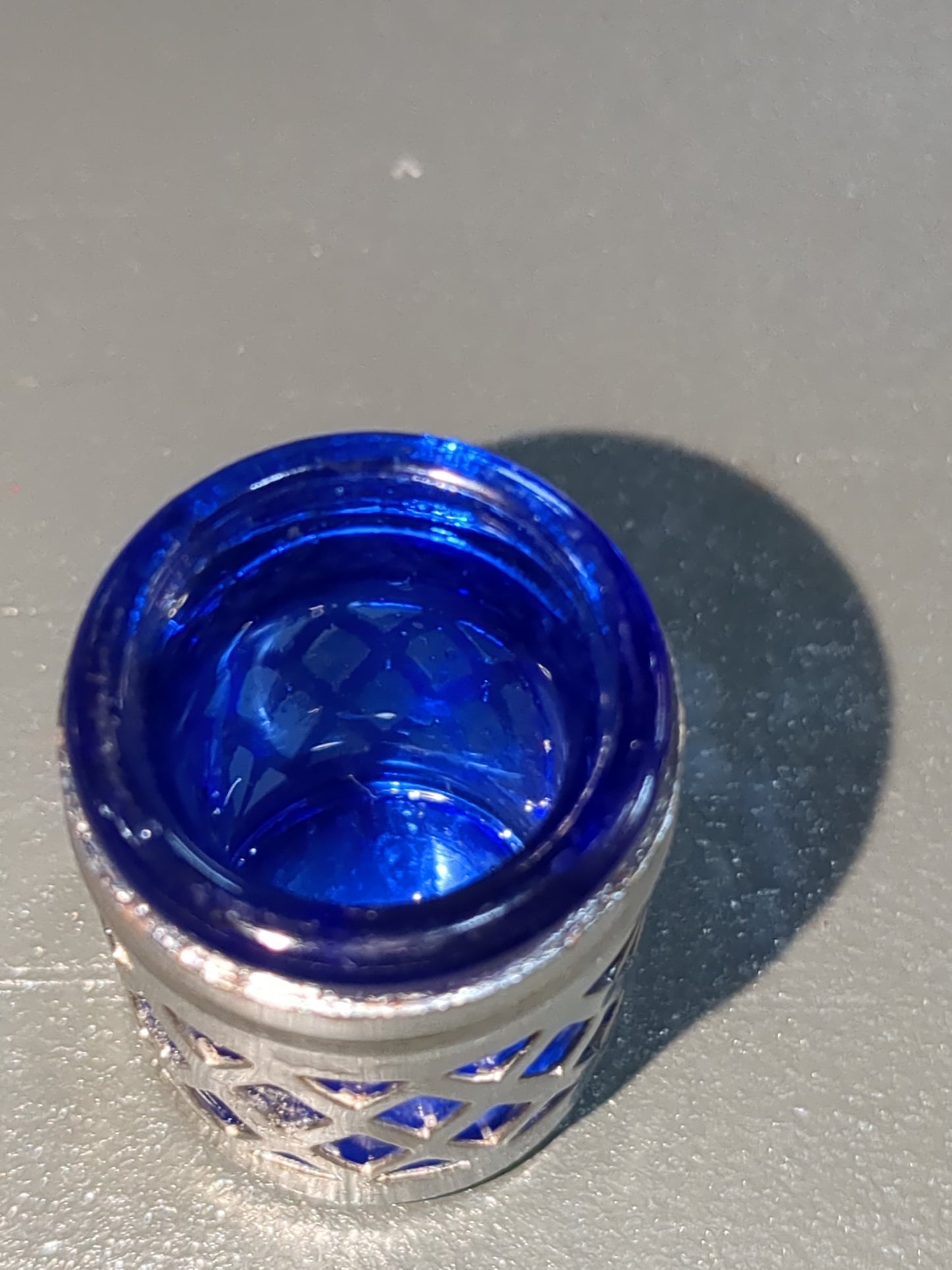 Silver and cobalt Blue glass and metal Lattice Salt and Pepper Shakers