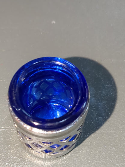 Silver and cobalt Blue glass and metal Lattice Salt and Pepper Shakers