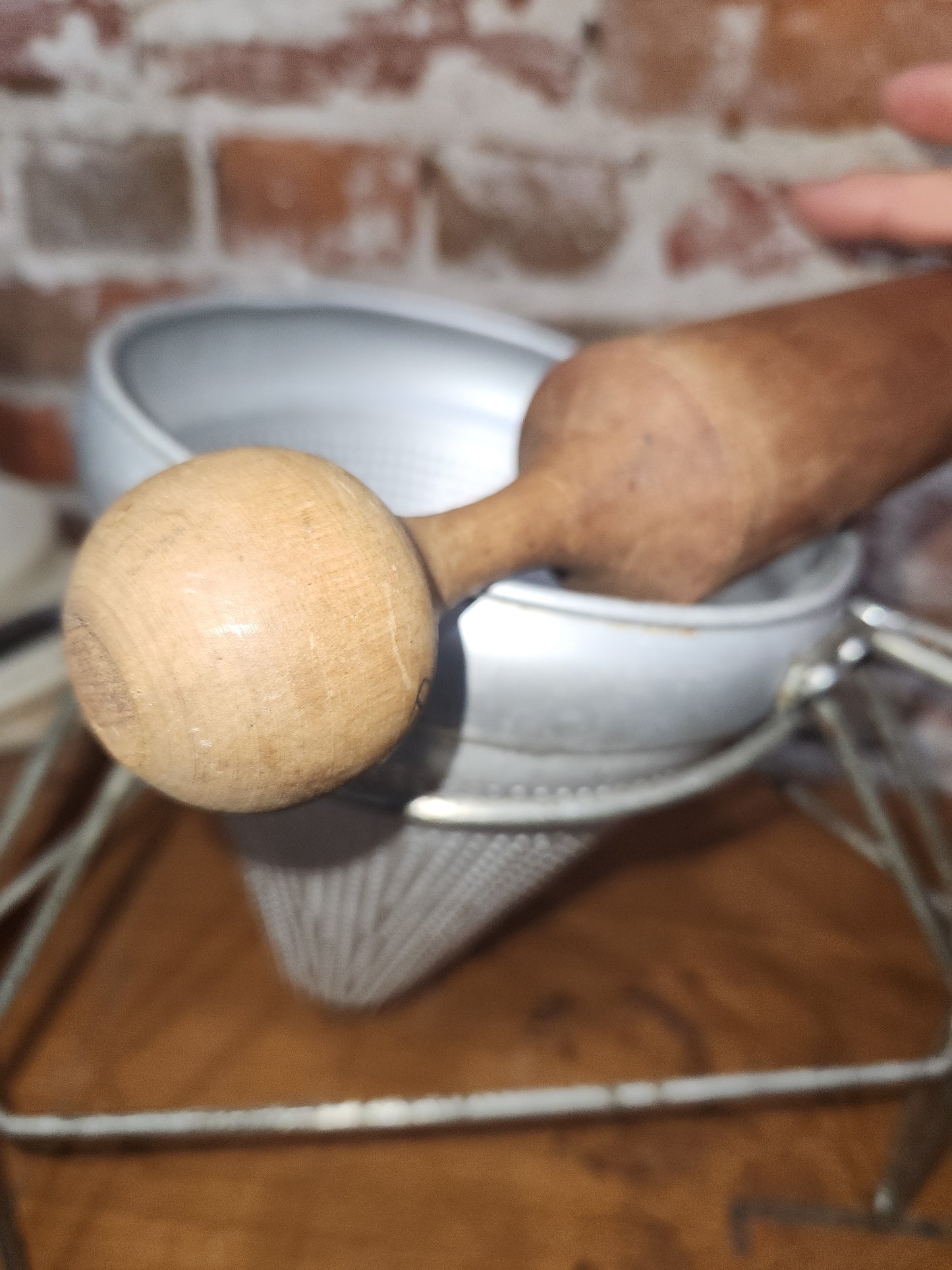 Vintage Cone Sieve Colander Strainer with Stand with Wood Pestle ki334