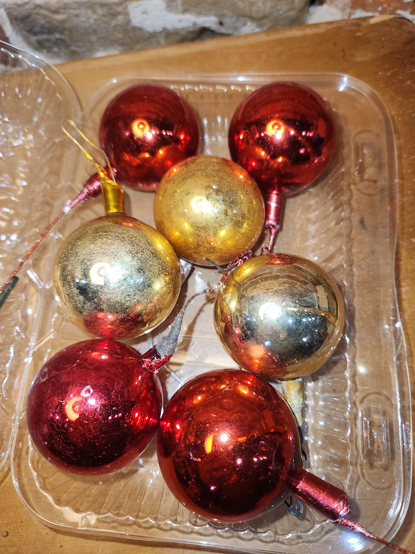 Vintage Mercury Glass Ball Ornament on Picks or Stems Red and Gold Nearly 2" Set of 7 mg5