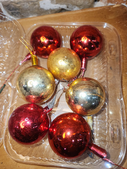 Vintage Mercury Glass Ball Ornament on Picks or Stems Red and Gold Nearly 2" Set of 7 mg5