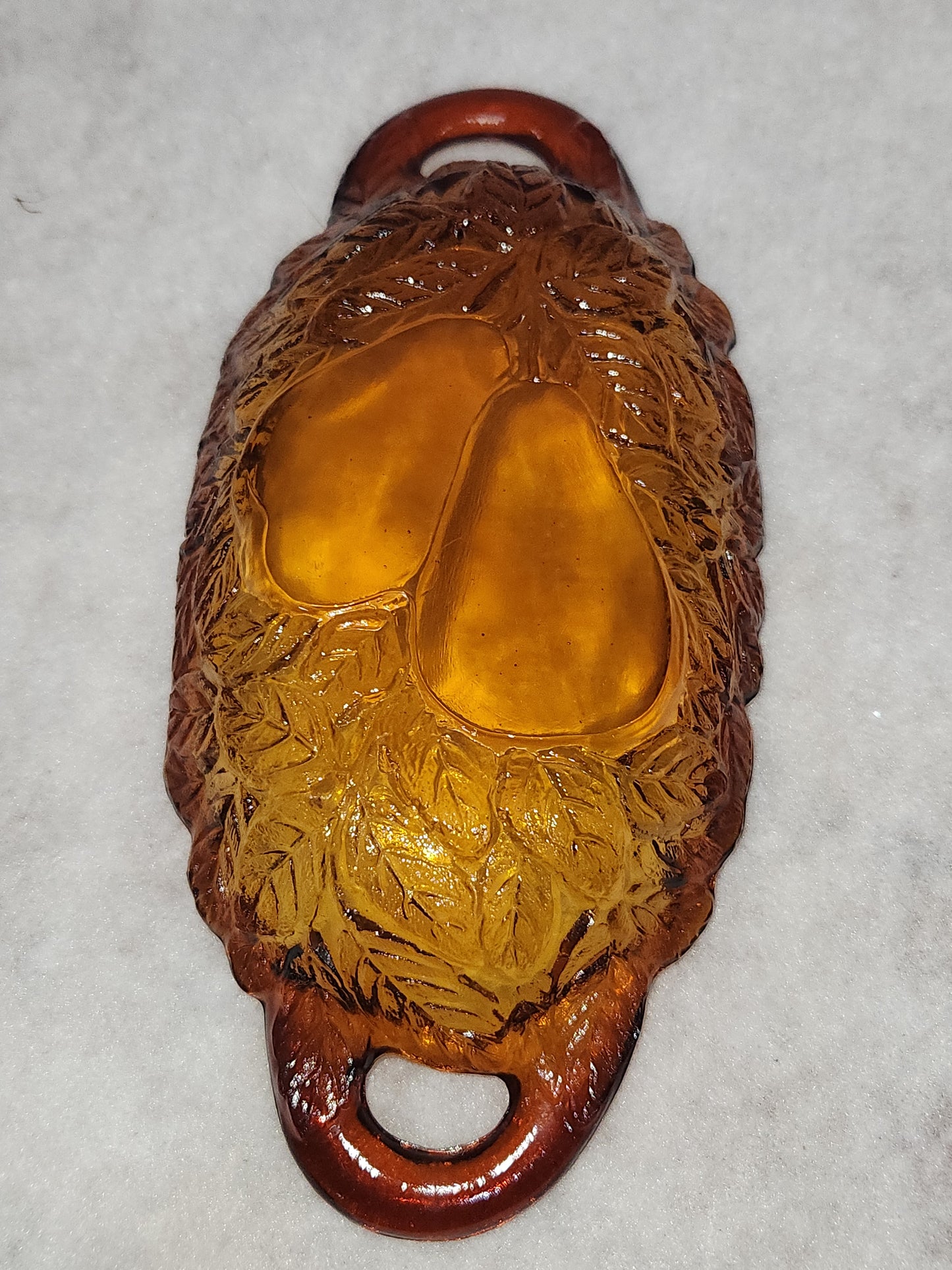 Vintage Oblong Amber Glass Pear & Leaves Serving Dish